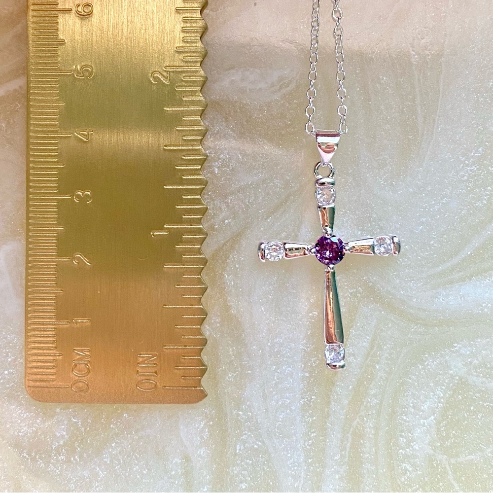 Silver Cross Pendant Necklace with purple Center Stone